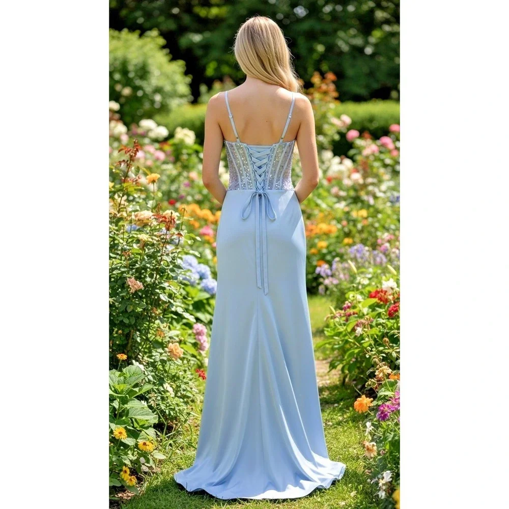 Light Blue Maxi Dress 6 Corset Mermaid Sequins Padded Adjustable Prom Party NWT